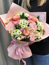 Букет нежные объятья в Аббакумово Букет цветов из: Гвоздики, Розы и Хризантемы в Аббакумово